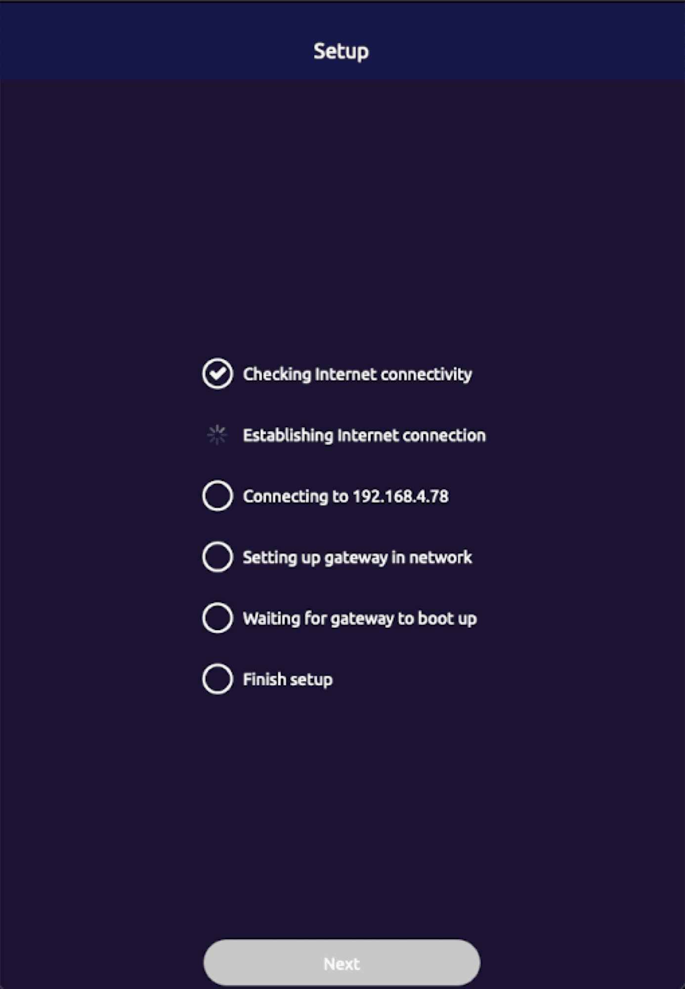 MESHLE app showing the gateway provisioning progress sequence