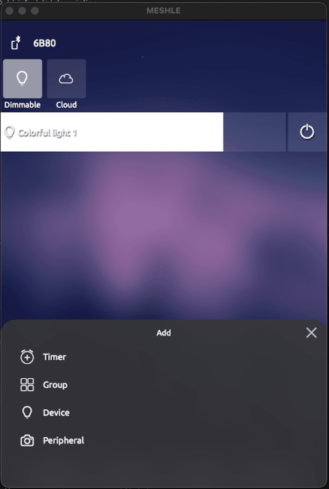 MESHLE app Add menu showing Timer, Group, Device, and Peripheral options with Device selected