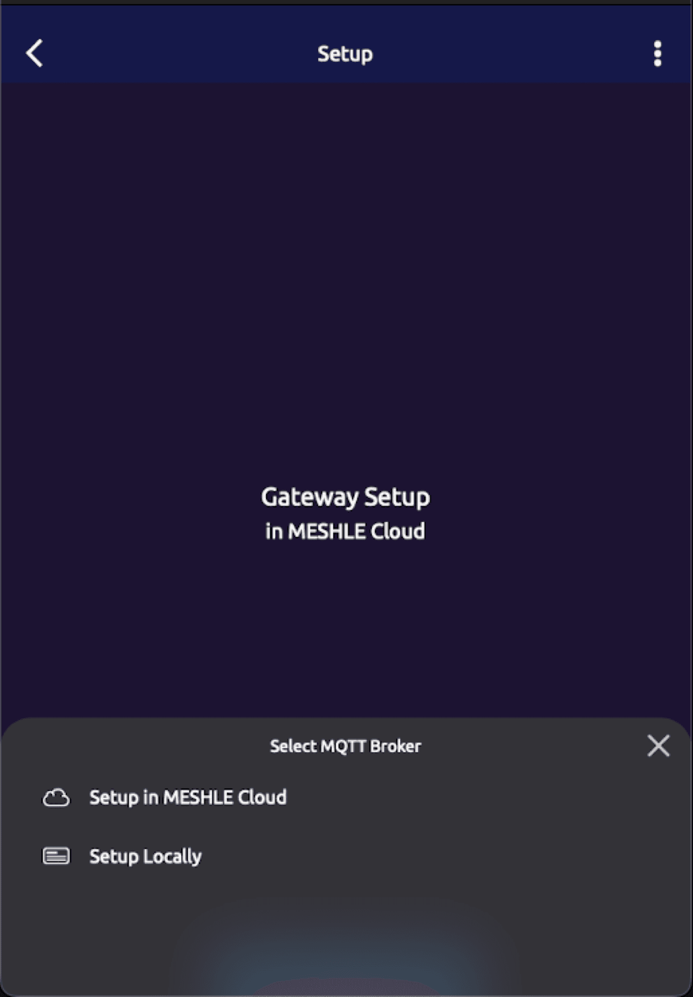 MESHLE app Select MQTT Broker sheet with the Setup Locally option selected