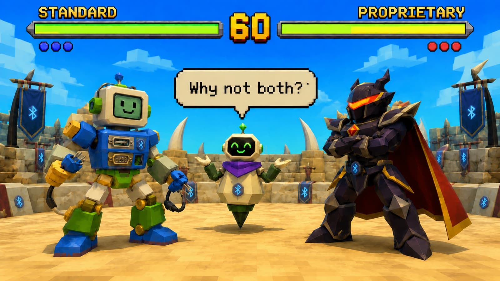 Fighting-game matchup of a Standard robot versus a Proprietary robot with a referee asking 'Why not both?' — a playful take on the Bluetooth Mesh choice.