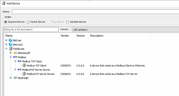 Add Device dialog showing the Fieldbuses > Modbus > Modbus TCP Client path