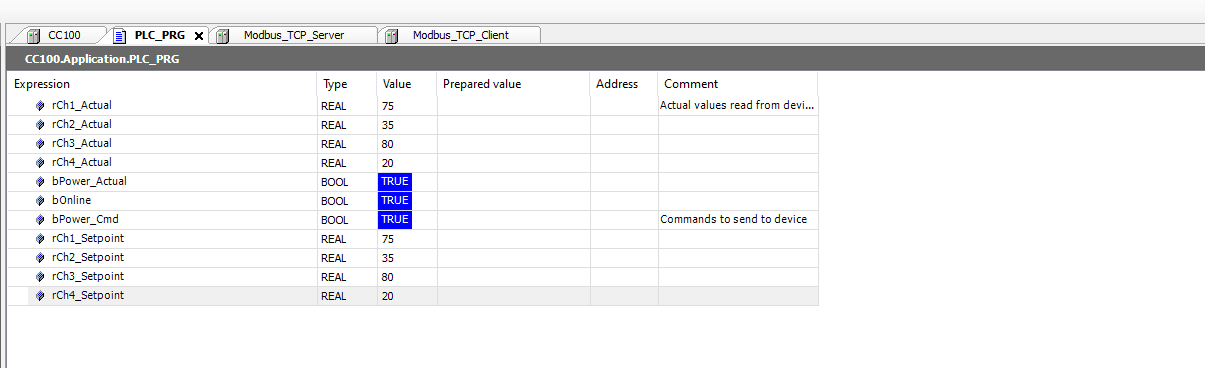 Watch panel after the write showing actual values updated to match the setpoints