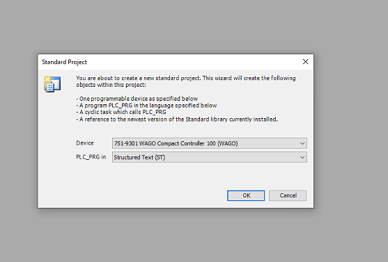 CODESYS Standard Project dialog with WAGO CC100 (751-9301) selected