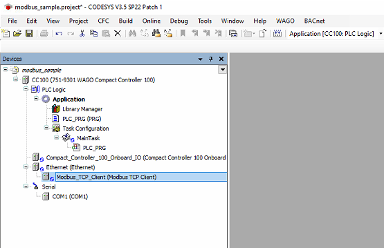 CODESYS device tree with the Modbus TCP Client added under Ethernet