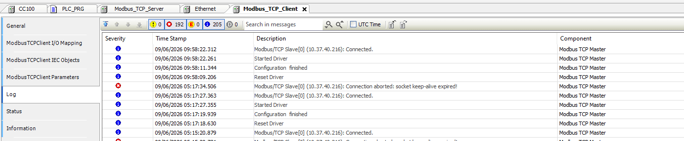 ModbusTCPServer Parameters showing correct Unit-ID = 1 and a stable connected log