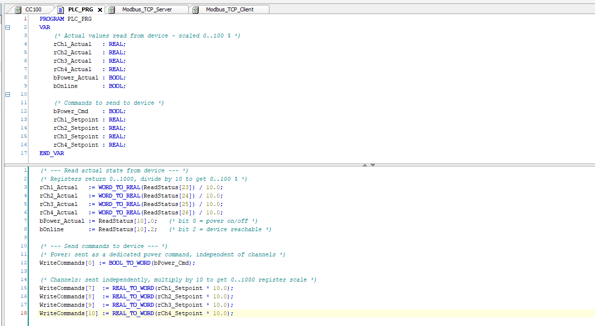 PLC_PRG showing the final declaration and body code