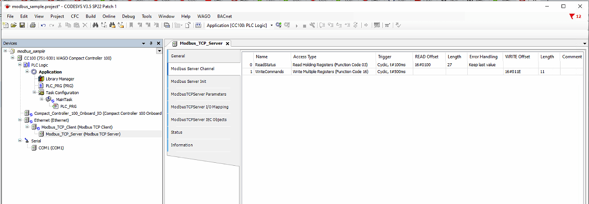 Modbus Channel dialog showing the ReadStatus configuration