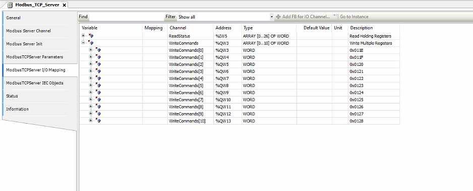 I/O Mapping tab showing the ReadStatus array registers