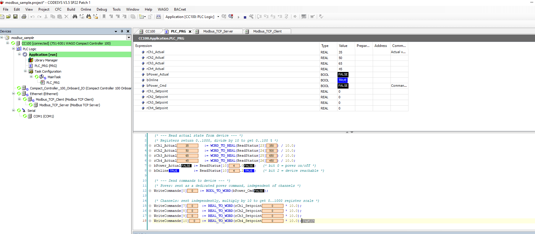PLC_PRG watch panel showing live channel values and bOnline = TRUE