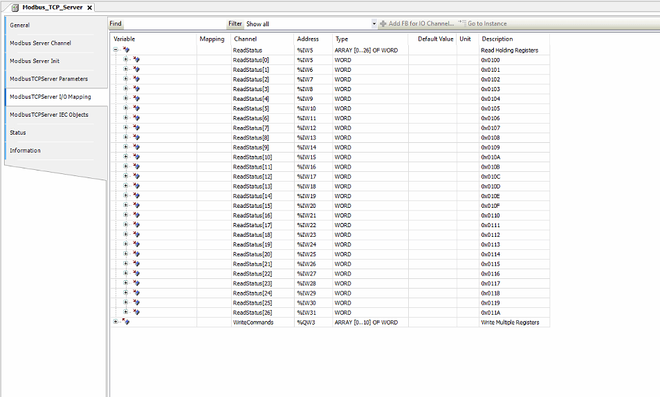 Modbus Server Channel tab showing the ReadStatus and WriteCommands channels