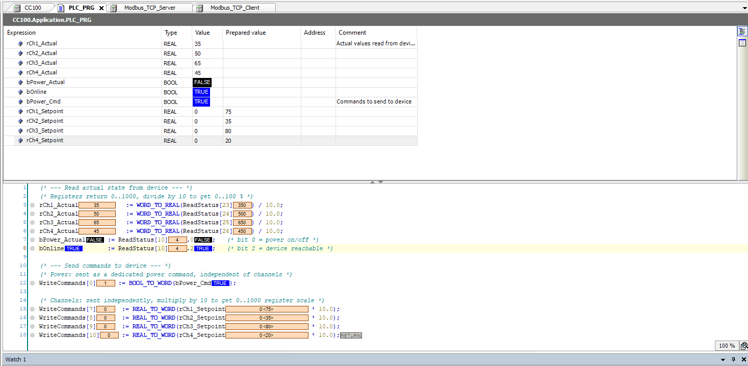 Watch panel with prepared values set before writing