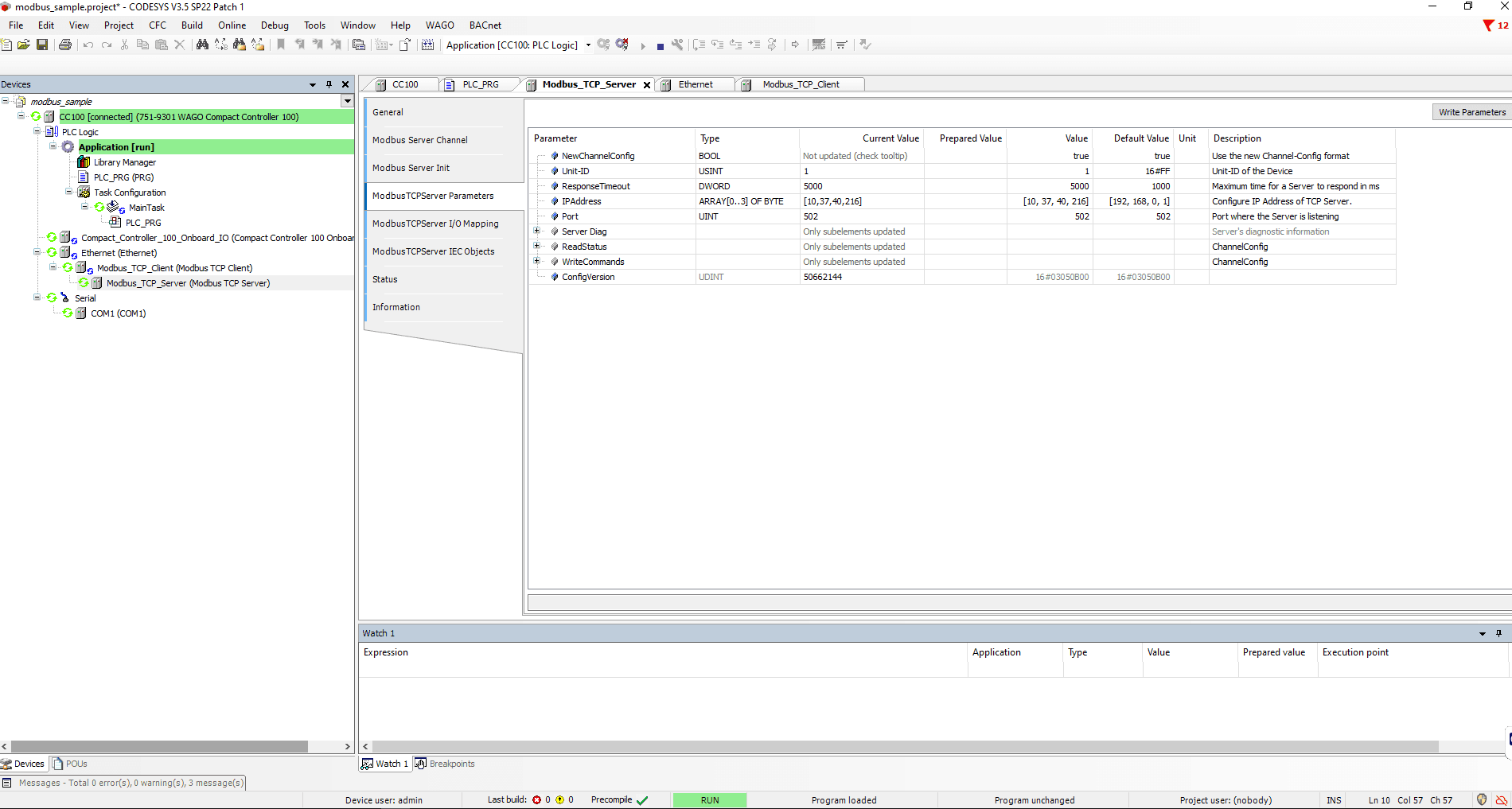 ModbusTCPServer Parameters tab showing Unit-ID set to 1