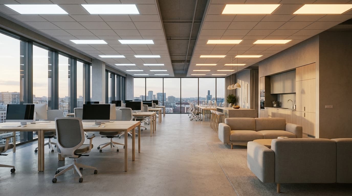 A modern open-plan office where the ceiling luminaires shift colour temperature across the room, cool blue-white daylight tone over the work zone blending to warm amber-white over the lounge zone, illustrating human centric lighting.