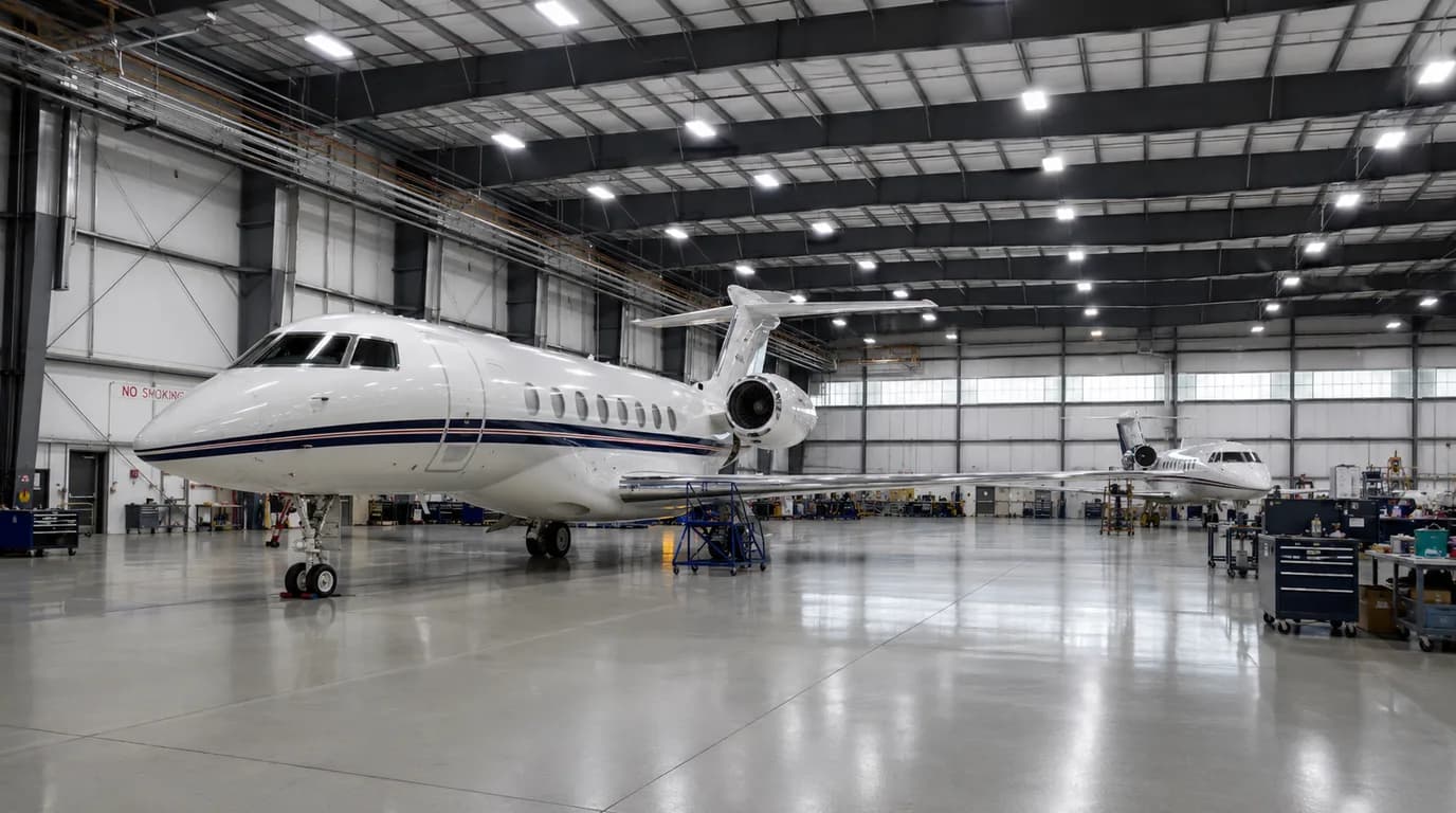 Interior of an aircraft hangar at night with a bright illuminated zone surrounding a maintenance crew working on a parked aircraft, while the surrounding hangar floor sits at a dim safety baseline