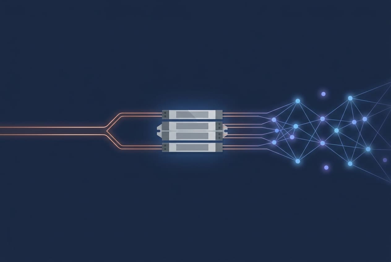 Abstract technical illustration of a hard-wired DALI control bus meeting a wireless MESHLE Bluetooth Mesh — parallel bus lines fanning out into a self-healing mesh of connected nodes.
