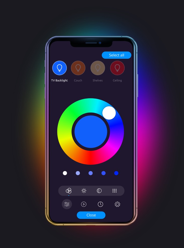 MESHLE App showing the RGB wheel for color setup